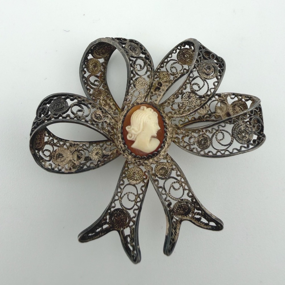 Vintage 925 Sterling Silver Filigree Bow Brooch Carved Shell Cameo Pin